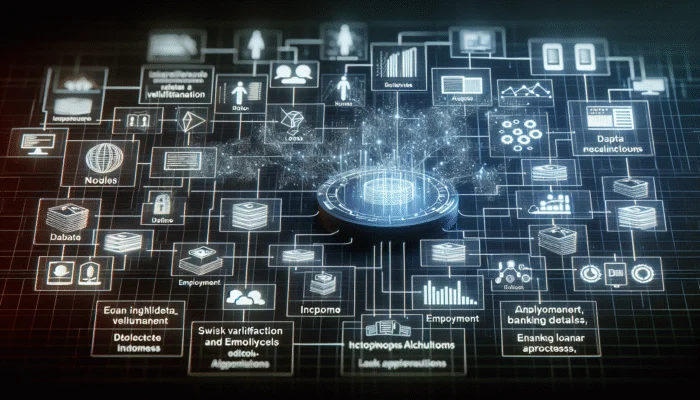 A digital interface showing real-time data validation with interconnected nodes for databases and algorithms, verifying income, employment, and banking details.