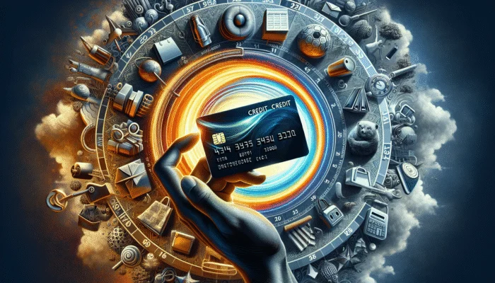 A hand holding a credit card with a glowing line, surrounded by purchase items and a calendar.