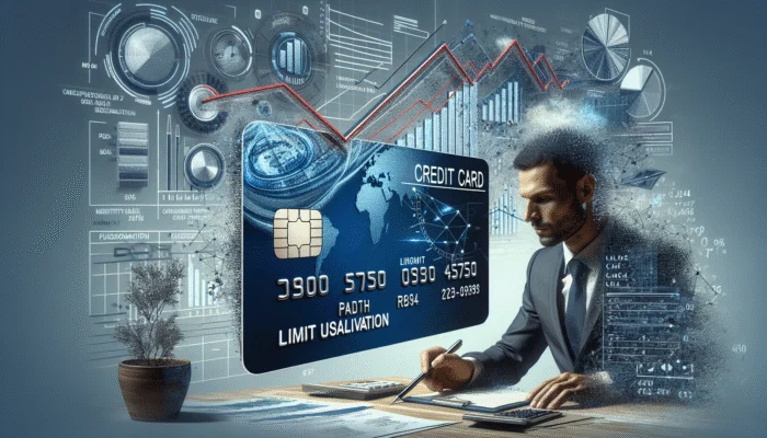 A credit card with its limit and utilization ratio, managed wisely amidst financial charts in a modern office.