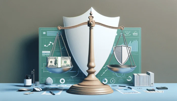 A balanced scale with a $500 bill, symbolizing Mississippi's payday loan cap, against a protective shield for consumer safety.