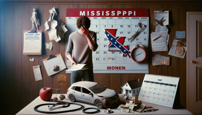 A stressed person in Mississippi with a payday loan contract, calendar showing next payday, and urgent bills.