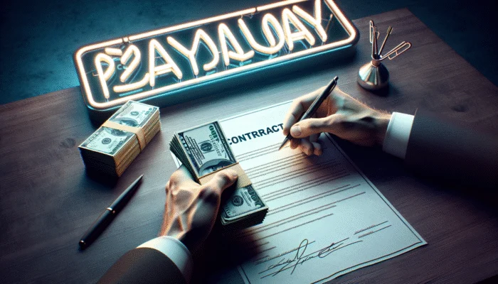 A hand holding cash, contract, and pen on a table under a "Payday Loans" neon sign in a dark urban setting.
