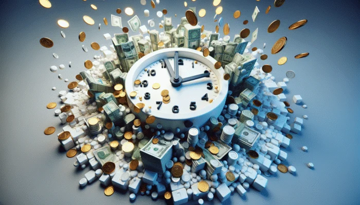A clock showing two weeks to one month, surrounded by coins and dollar bills, illustrating loan term impact on finances.