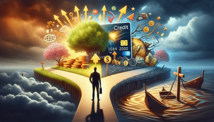 A person at a crossroads choosing between a credit card with growth symbols and a risky payday loan under a stormy sky.