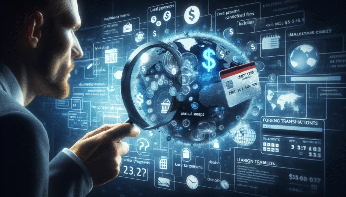 Person using magnifying glass on credit card with icons of dollar signs, calendar, and globe.