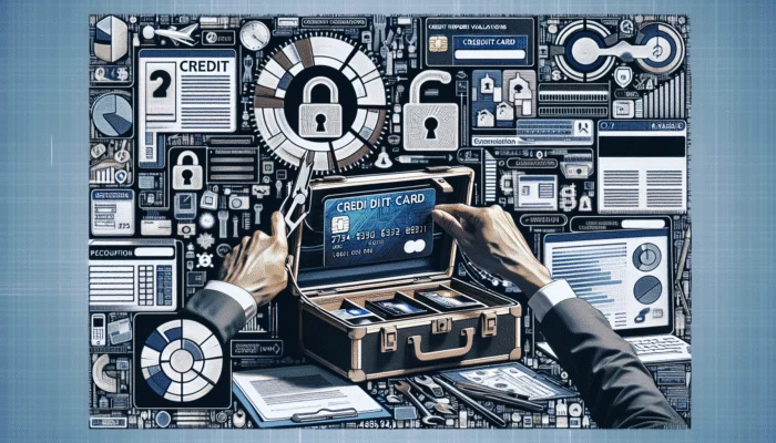 A person choosing a secured credit card from a toolbox, with credit reports and financial websites visible.