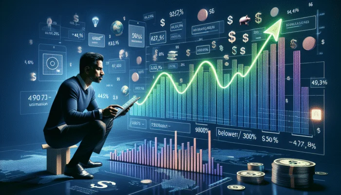 Person reviewing credit score report with graphs showing utilization below 30% and green upward trend line, indicating financial health.