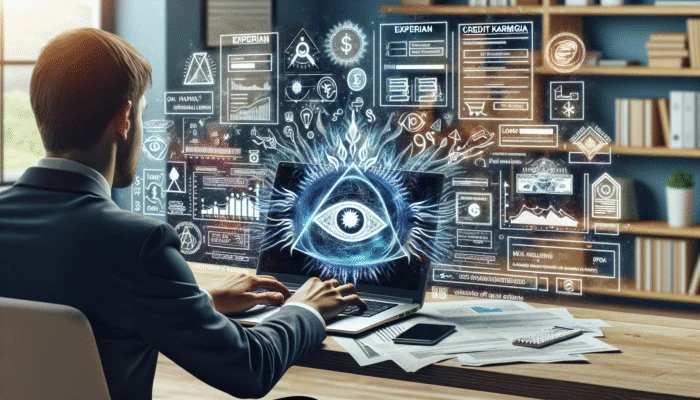 Person comparing credit builder loan options on laptop with financial documents, charts, and logos of Experian and Credit Karma in home office.