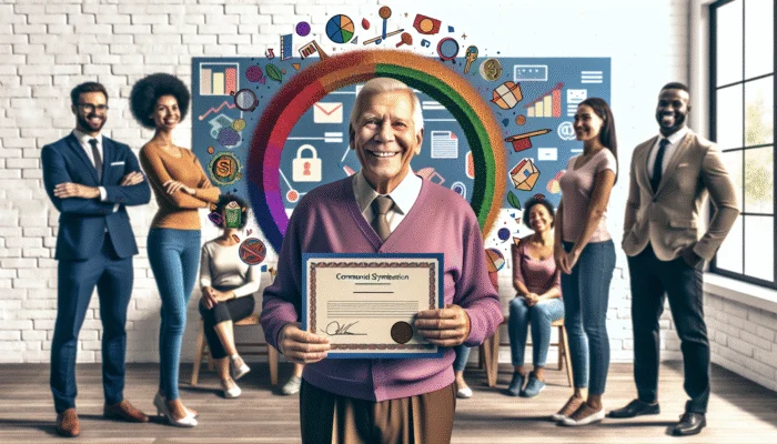 Elderly retiree with certificate, surrounded by non-profit staff, educational posters on credit and finance in background.