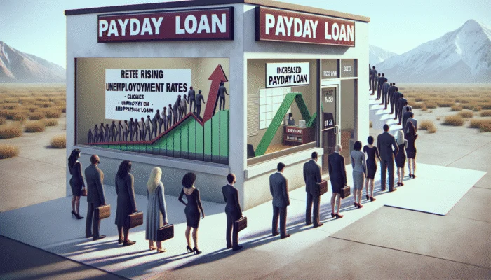 Graph showing unemployment rate increase and corresponding rise in payday loan usage, with worried people at a loan store.