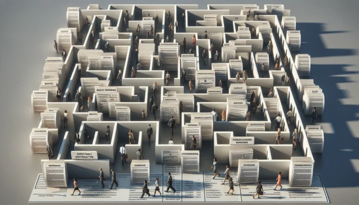 A maze of regulatory documents and signs with people navigating, symbolizing oversight on payday loans.