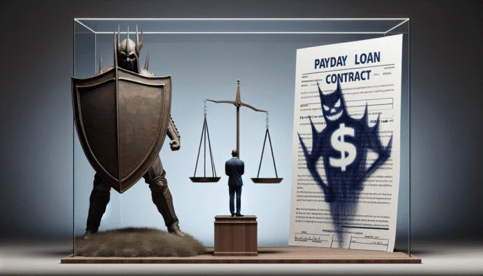 A balanced scale with a shield protecting a person from a payday loan contract, symbolizing consumer protection laws.