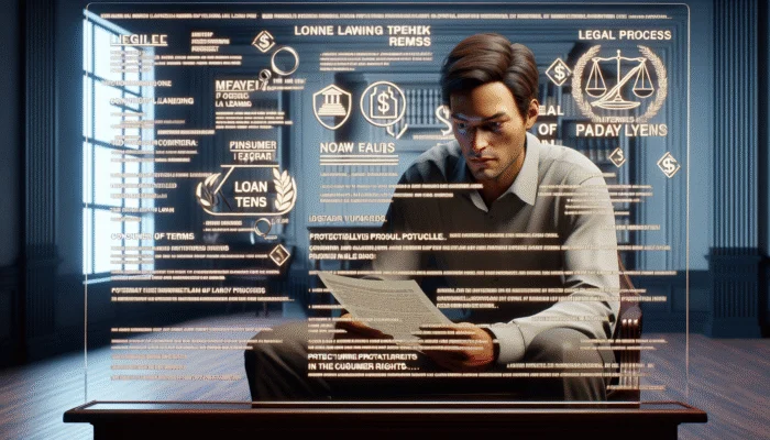 A person reviewing loan terms with legal symbols and shields in the background, representing consumer rights in Mississippi payday lending.