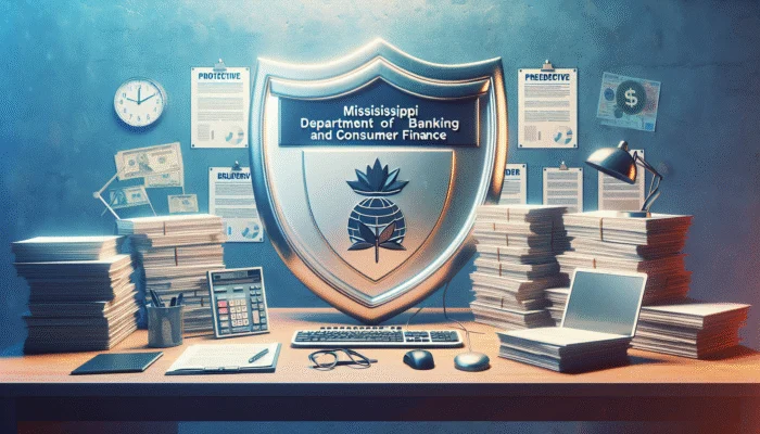 Mississippi Department of Banking and Consumer Finance office, overseeing payday lenders with a shield symbolizing borrower safety.