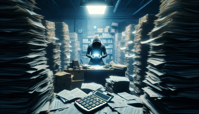 Person overwhelmed by bills and paperwork, holding a glowing payday loan contract in a cluttered office.