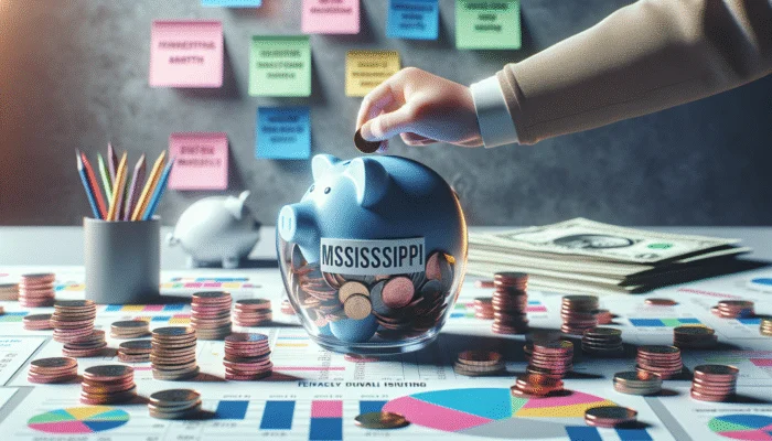 A person saving small amounts into a piggy bank, surrounded by goal notes, symbolizing financial growth.