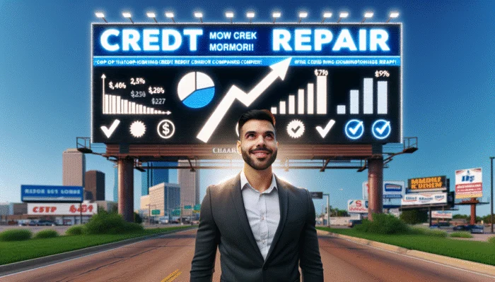 Person in Mississippi confidently standing before sign listing top credit repair companies, looking hopeful and determined.