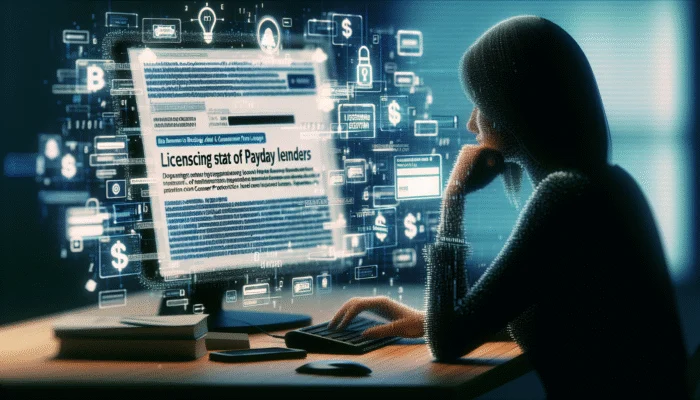 Person researching online, checking payday lender licenses on computer, Mississippi Department of Banking and Consumer Finance logo visible.
