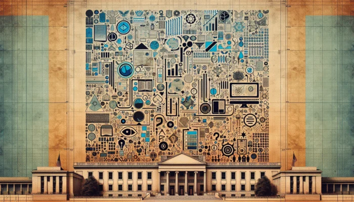 Diagram of state regulations with detailed text, symbols, government buildings, and legal documents.