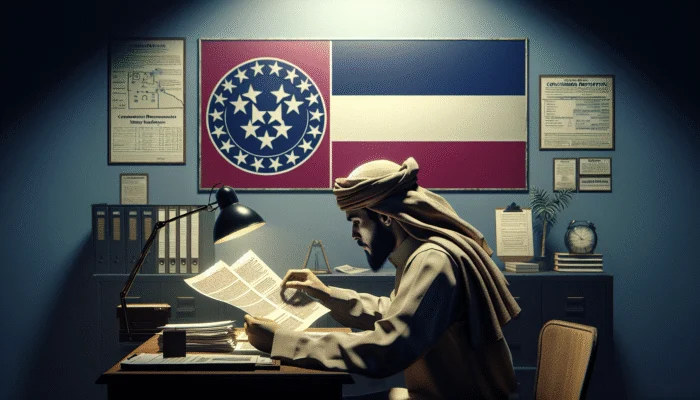 A consumer studying a contract at a desk with the Mississippi flag, symbolizing rights awareness in payday lending.