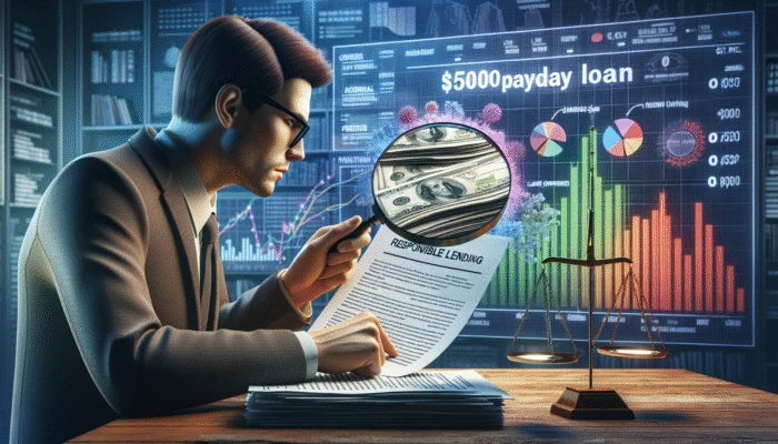 A person reviewing a $500 payday loan document in Mississippi, with financial charts and a balanced scale in the background.