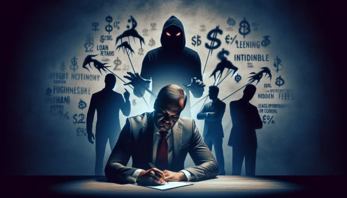 A distressed person signs loan documents under harsh light, surrounded by shadowy figures symbolizing predatory lending's entrapment.