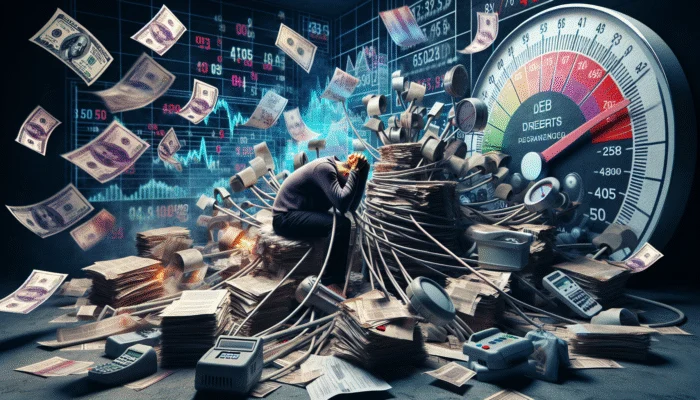 A distressed person overwhelmed by loan documents, high interest rates, and broken credit score meters, trapped in a cycle of debt.