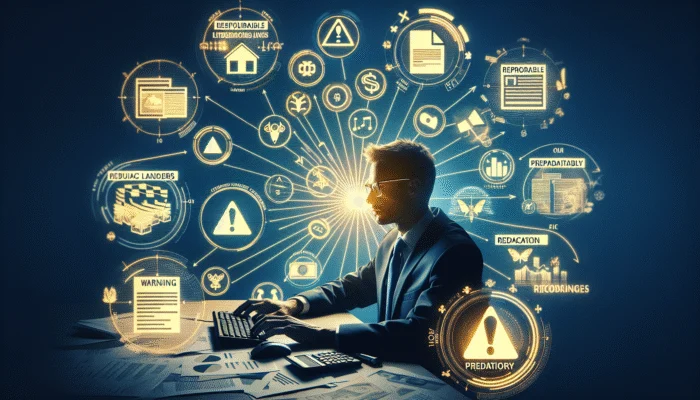 A person researching lenders on a computer, comparing reputable and predatory options with documents and notes.