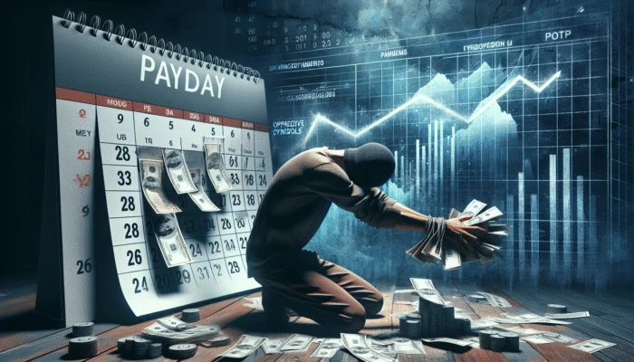 Person in distress with cash, calendar marked 'Payday', and graph of rising interest rates in a shadowy setting.