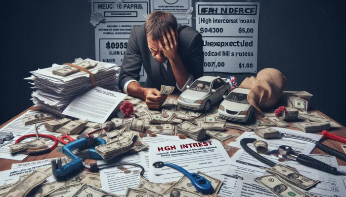A stressed person in Mississippi counting money for a payday loan due to high interest rates and urgent bills.