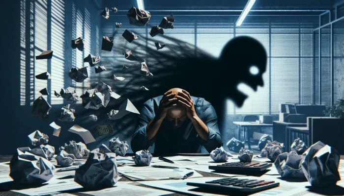 A distressed person amidst loan documents and calculators, shadowed by escalating fees in a cluttered office.