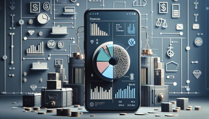 A smartphone showing the Mint app with graphs, linked accounts, and a Mississippi map, symbolizing financial stability.