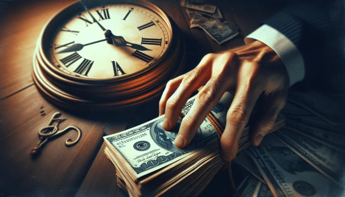 Hand holding cash with a ticking clock in background, symbolizing urgency of payday loans.