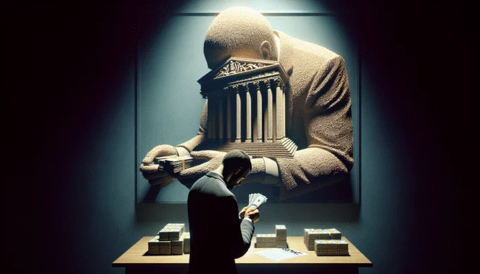 A person in a dimly lit room holding cash, with a large contract's shadow behind them, representing payday loan risks.