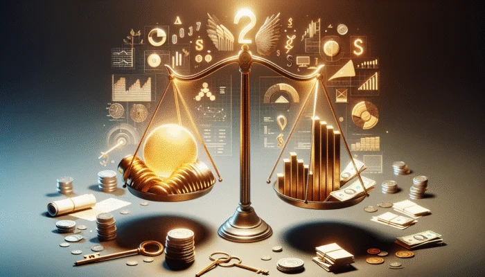 A scale balancing a glowing number and financial documents, symbolizing a credit score's impact on financial transactions.
