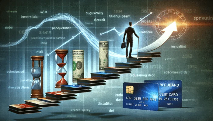 A person ascending a staircase of credit cards with financial tips, against a rising credit score graph.