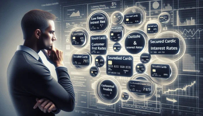 Person comparing secured credit cards, focusing on low fees, rates, and customer feedback for strategic financial decision.