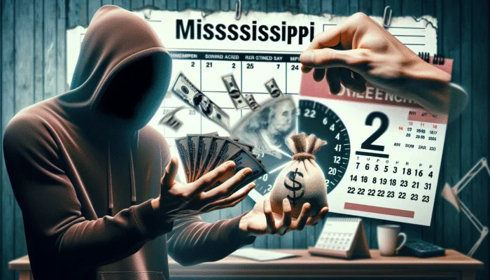 A stressed person in Mississippi with cash and a two-week calendar, surrounded by high interest rate symbols, illustrating payday loan risks.