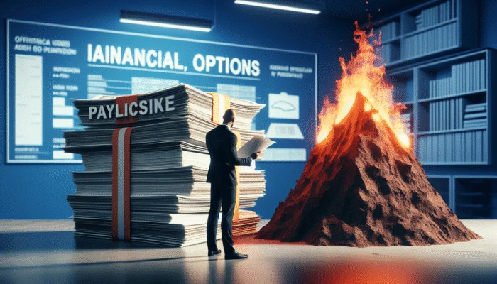 A person compares bank loan documents with a high-interest payday loan contract in an office.