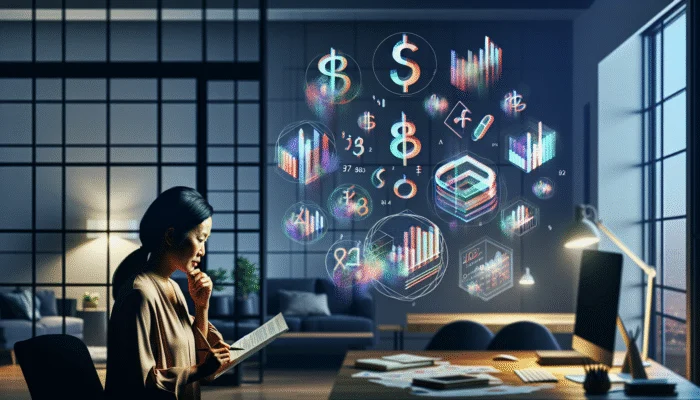 A person analyzing financial documents and spreadsheets in a home office, surrounded by graphs and charts.
