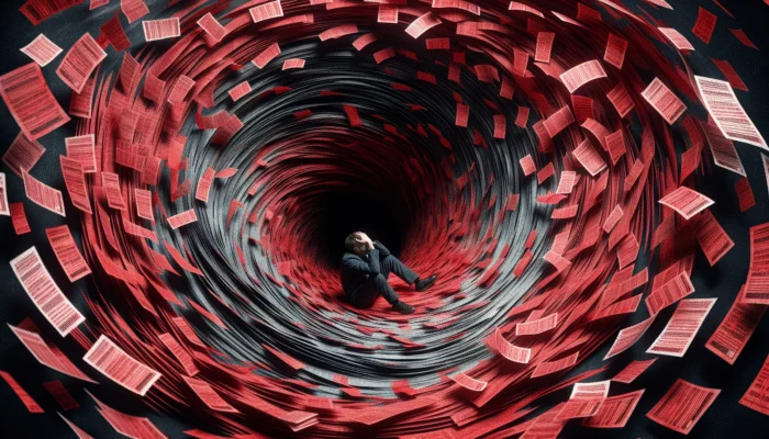 A distressed person surrounded by spiraling red and black loan documents, symbolizing debt cycle from rising interest rates.