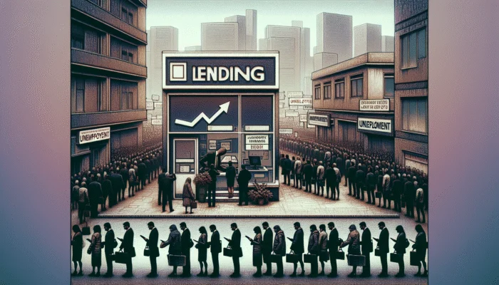 People lining up at a payday loan store as lender raises fees, near unemployment office.