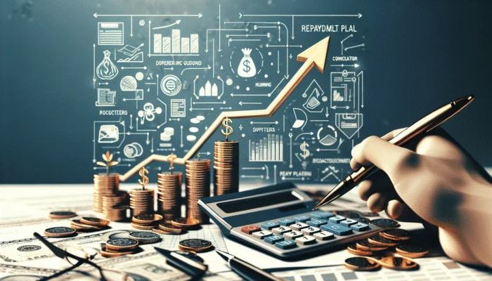 A detailed financial chart on a desk with calculator and pen, illustrating a successful repayment plan.