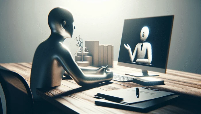 Person at desk with financial documents, negotiating payday loan terms via video call.
