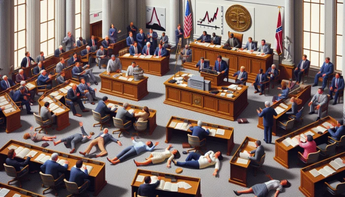 Mississippi lawmakers debating new payday lending laws with a gavel and a graph showing reduced APRs.