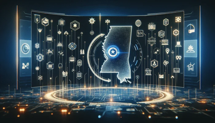A futuristic digital map of Mississippi with glowing lines connecting to tech-driven lending platforms, symbolizing enhanced accessibility and efficiency in online payday loans.