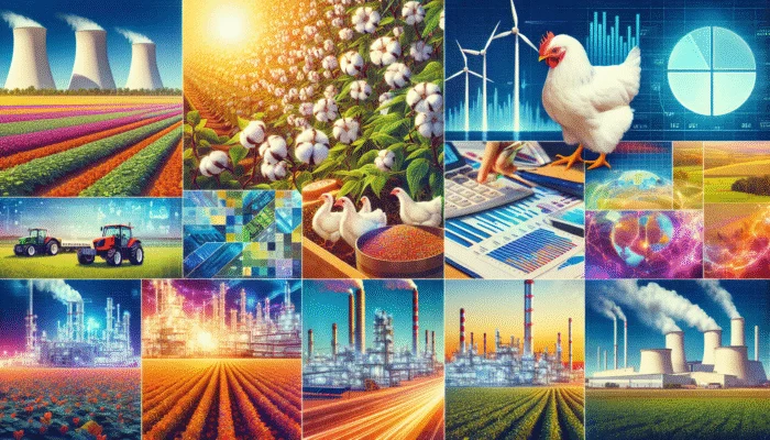 Collage of Mississippi's economic pillars: agriculture with cotton, soybeans, poultry; manufacturing in automotive, aerospace.