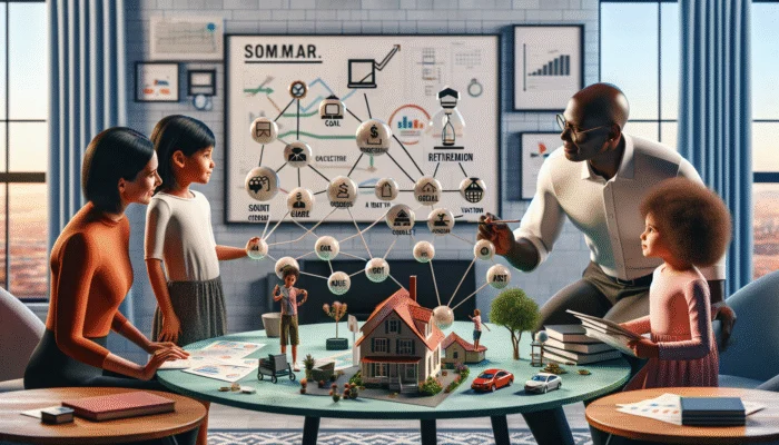 Family in home office setting financial goals with roadmap and S.M.A.R.T. criteria, short and long-term symbols.