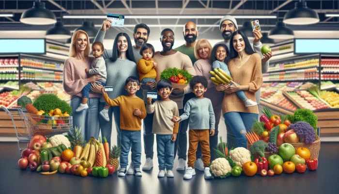 Diverse families with fruits and vegetables at a grocery store, holding an EBT card, representing SNAP benefits.