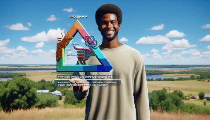Person smiling with improved credit score report, in front of Mississippi landscape, "Program A" sign visible.